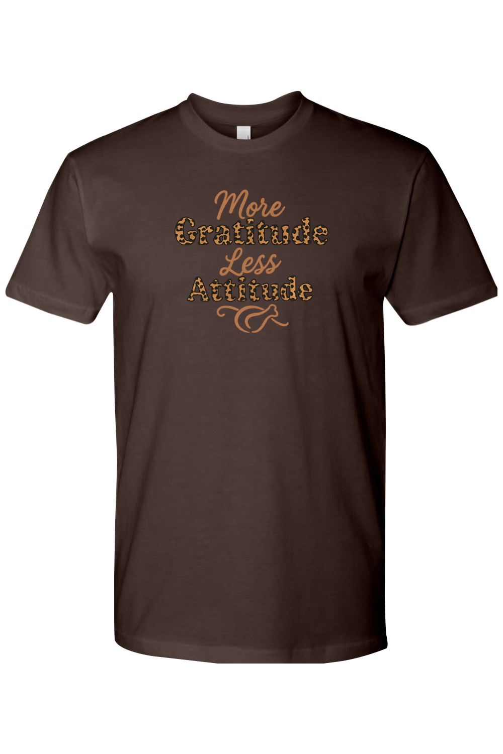Brown Thanksgiving t-shirt with "More Gratitude Less Attitude" text in leopard print with a turkey design underneath trendy girly fall holiday short sleeve shirt