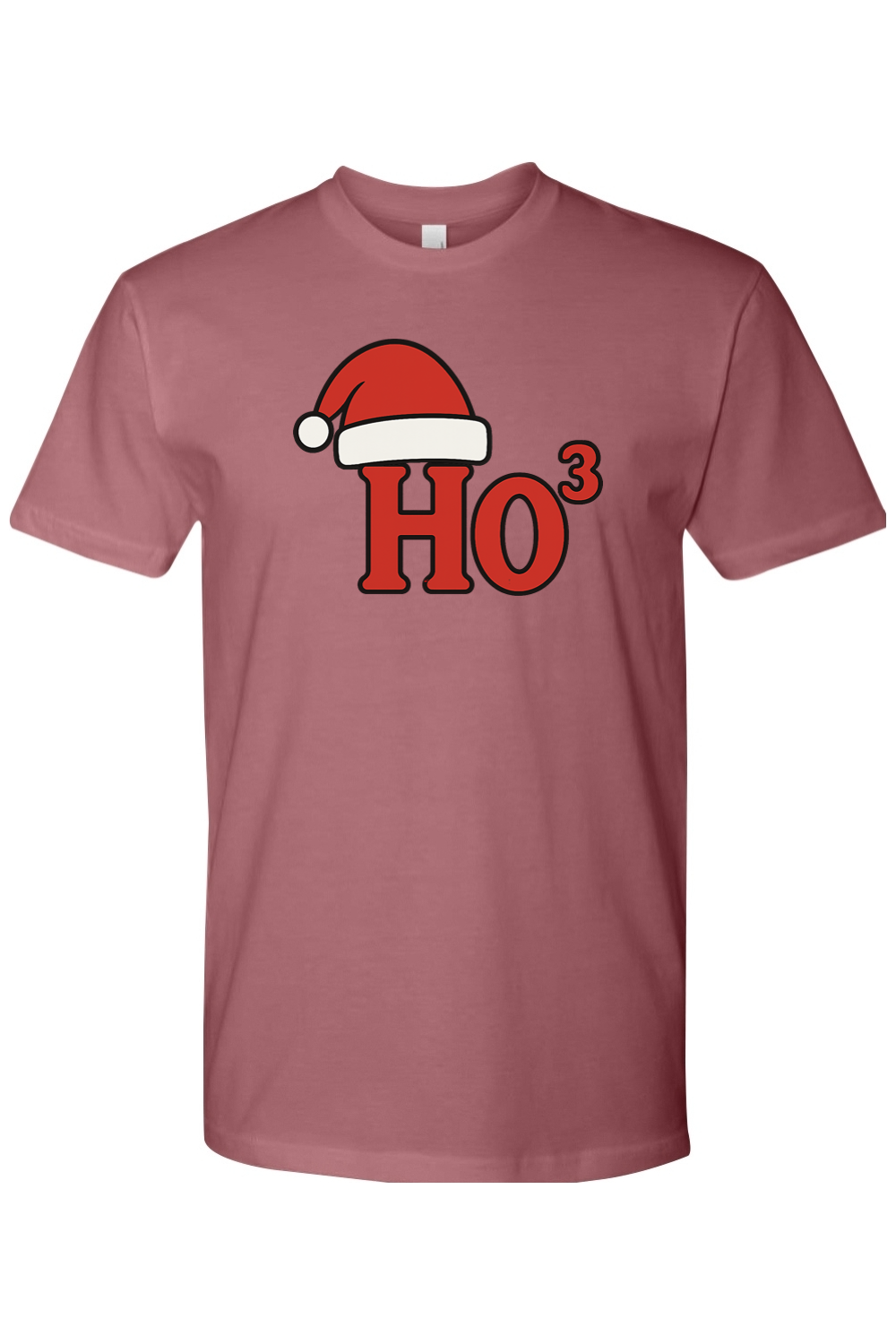 Dark pink Christmas t-shirt with "Ho³" text in red with a Santa hat design funny holiday humor short sleeve shirt