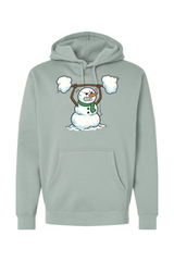Light green Christmas hoodie with a snowman lifting a snow barbell design funny gym humor winter holiday long sleeve hooded sweatshirt