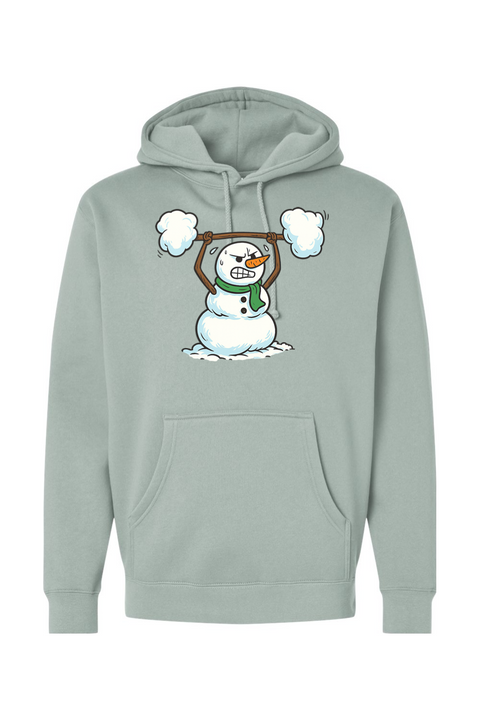 Light green Christmas hoodie with a snowman lifting a snow barbell design funny gym humor winter holiday long sleeve hooded sweatshirt