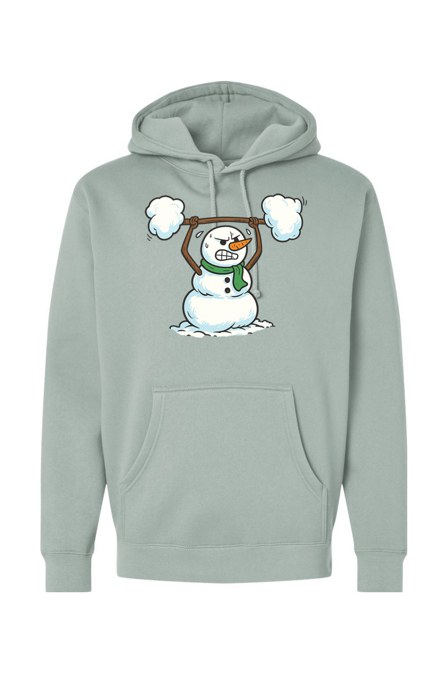Light green Christmas hoodie with a snowman lifting a snow barbell design funny gym humor winter holiday long sleeve hooded sweatshirt