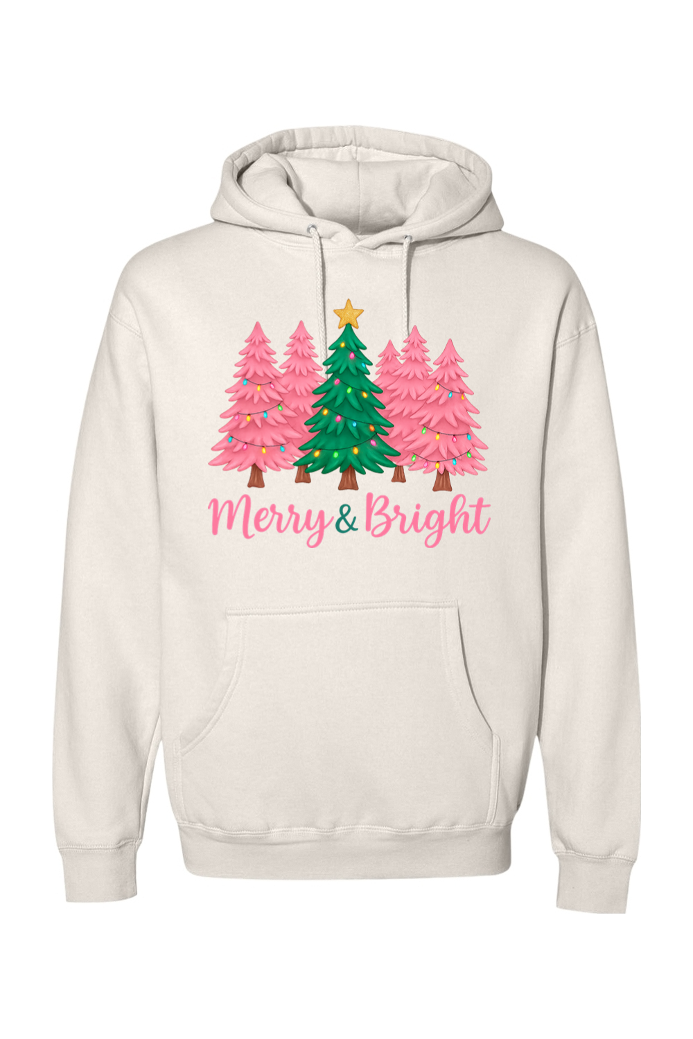 Cream Christmas hoodie with pink and green Christmas trees design with text "Merry & Bright" cute trendy festive holiday long sleeve hooded sweatshirt