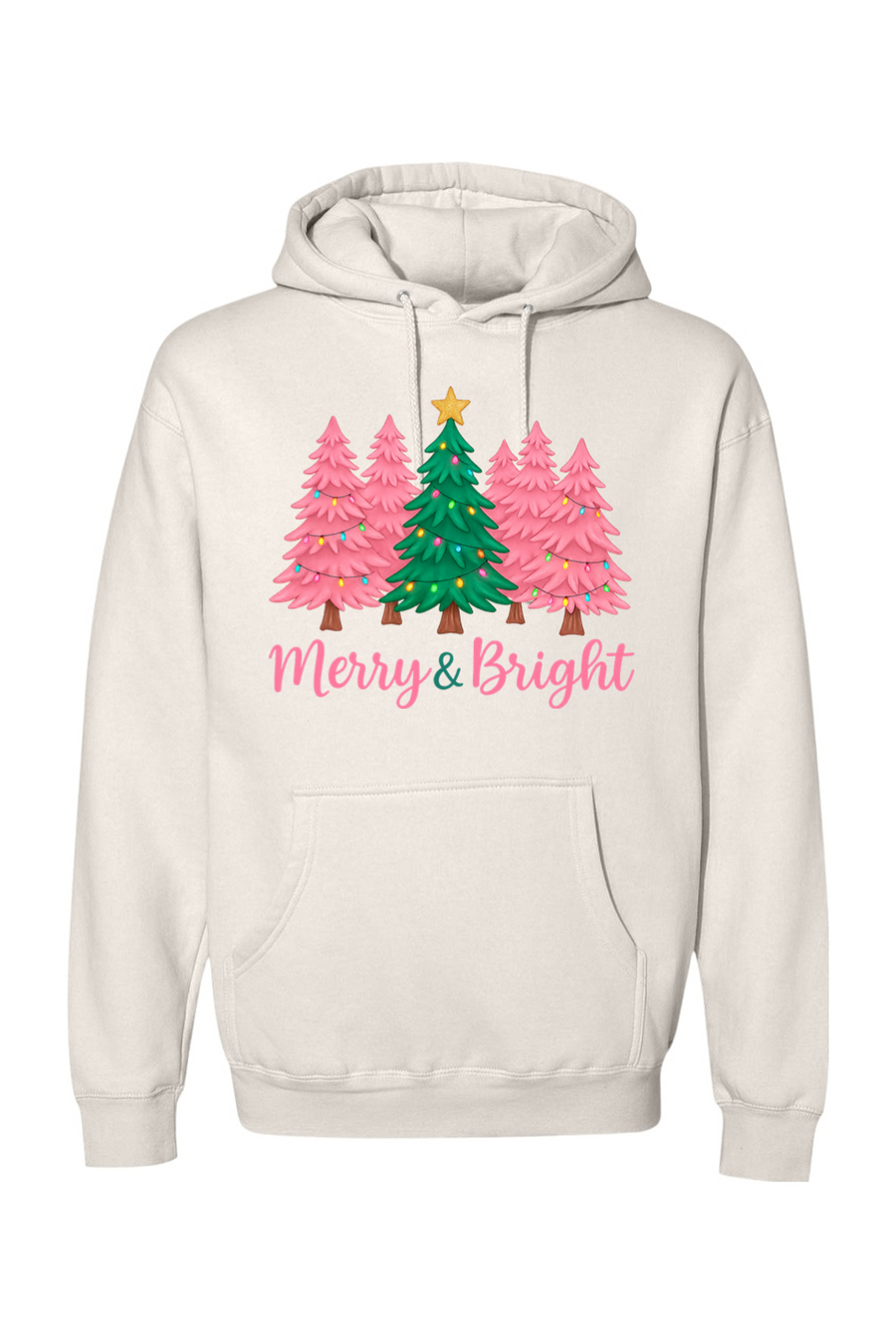 Cream Christmas hoodie with pink and green Christmas trees design with text 