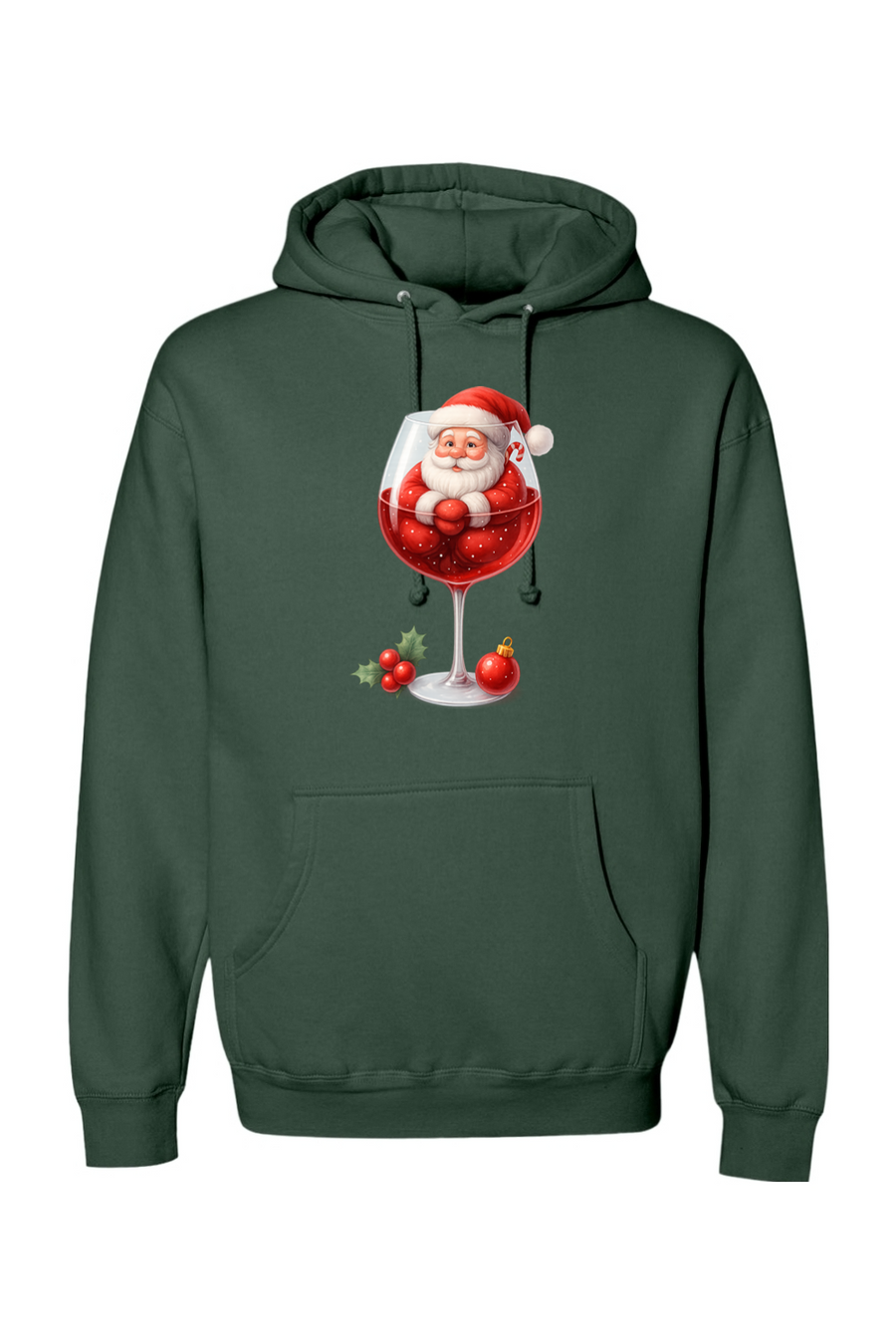 Pine green Christmas hoodie with Santa sitting in a wine glass design cute girly festive holiday long sleeve hooded sweatshirt