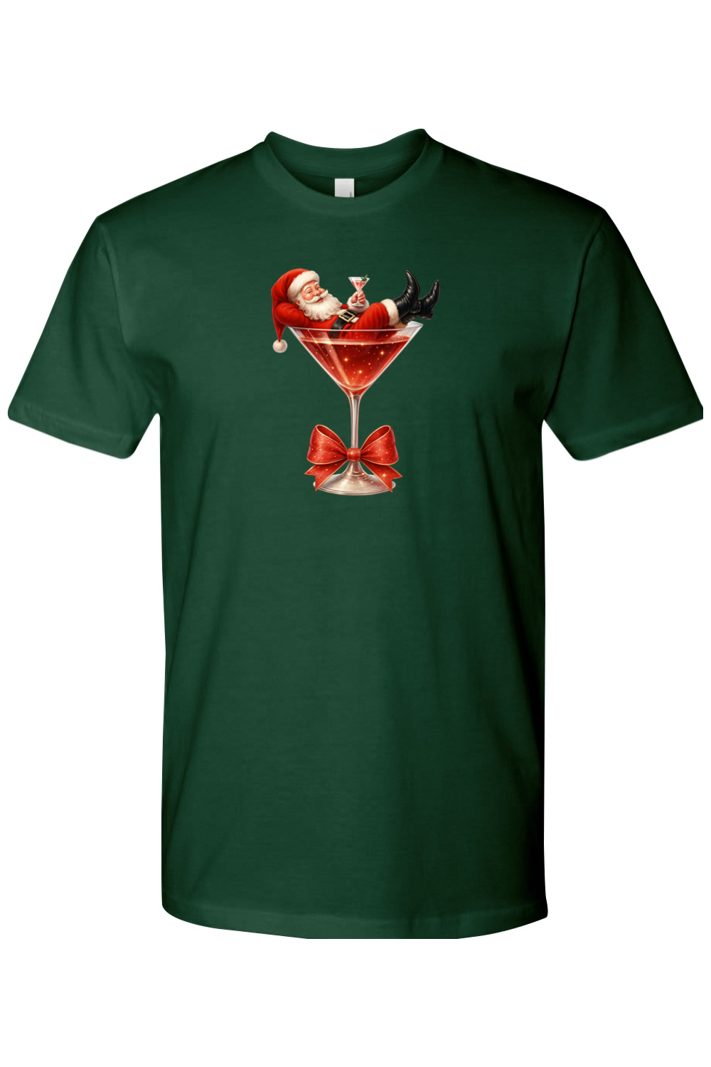 Dark green Christmas t-shirt with Santa sitting in a martini glass design funny cute holiday short sleeve shirt