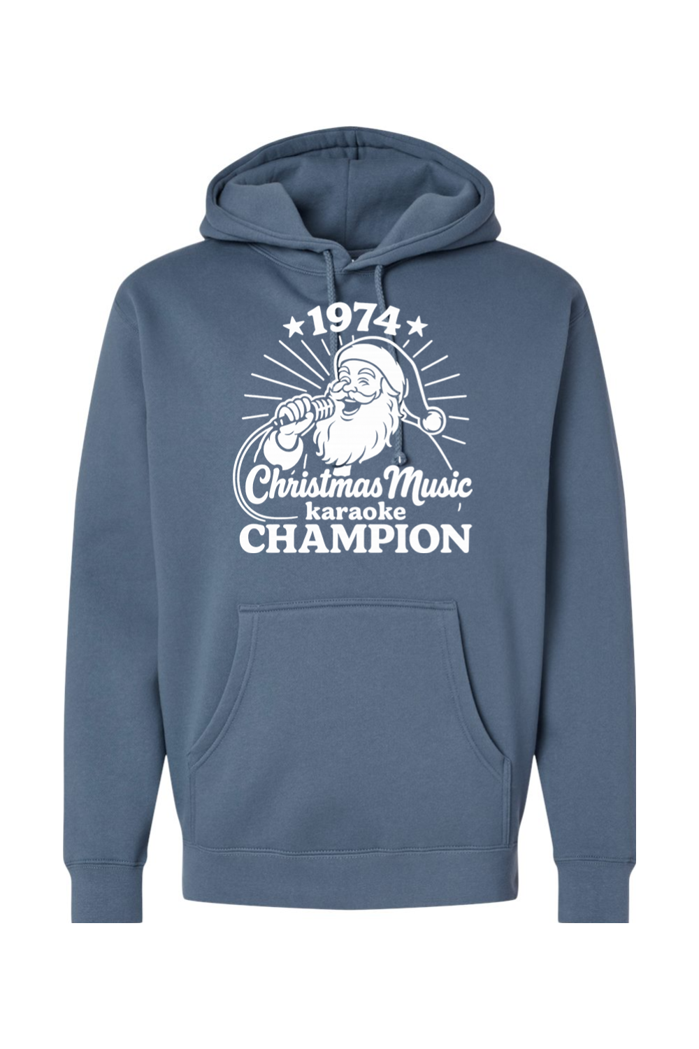 Blue Christmas hoodie with "1974 Christmas Music Karaoke Champion" text in white with Santa singing design funny holiday humor long sleeve hooded sweatshirt