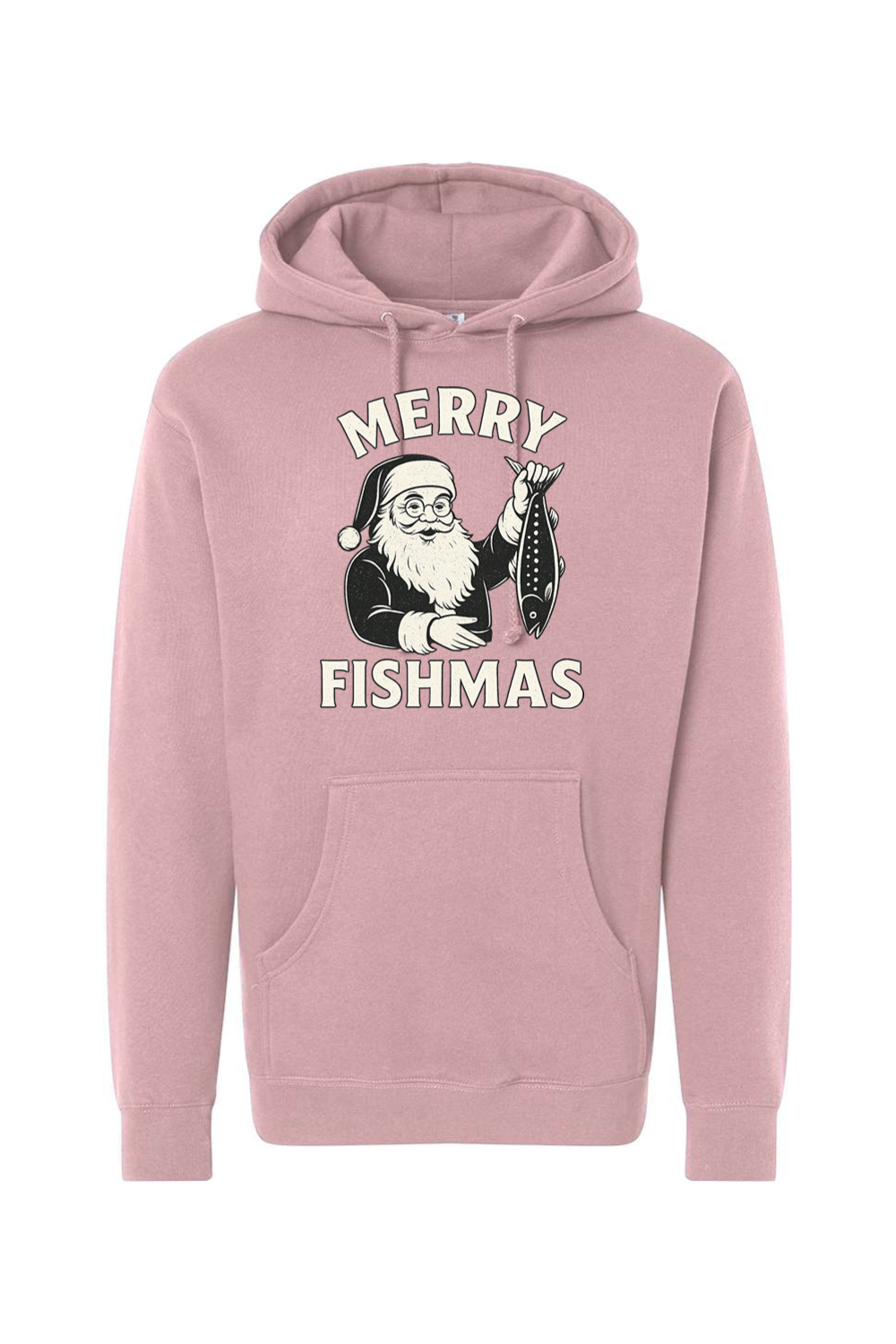 Pink Christmas hoodie with "Merry Fishmas" text with Santa holding a fish design funny fishing holiday festive long sleeve hooded sweatshirt