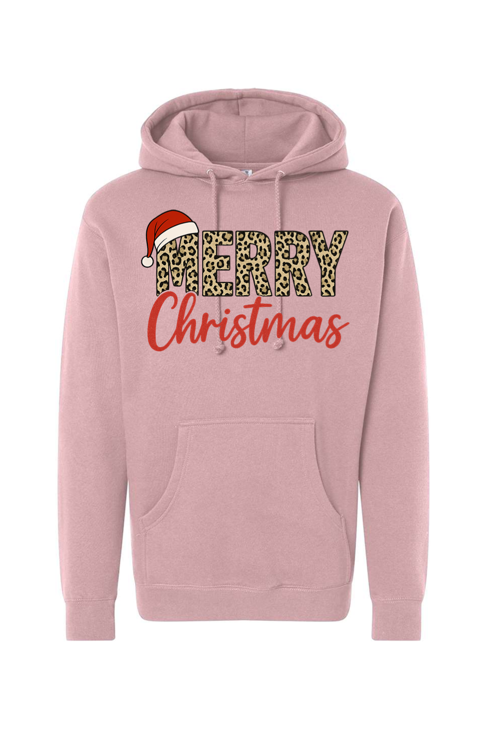 Pink Christmas hoodie with "Merry Christmas" text in leopard print and red with a Santa hat design cute trendy festive holiday long sleeve hooded sweatshirt