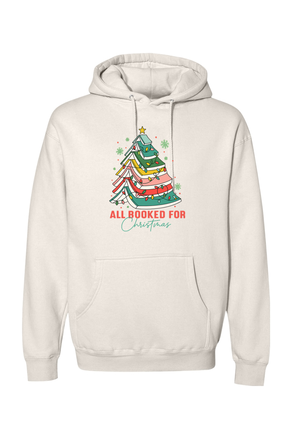 Cream Christmas hoodie with "All Booked For Christmas" text and a Christmas tree made out of books design cute trendy book lover librarian festive holiday long sleeve hooded sweatshirt