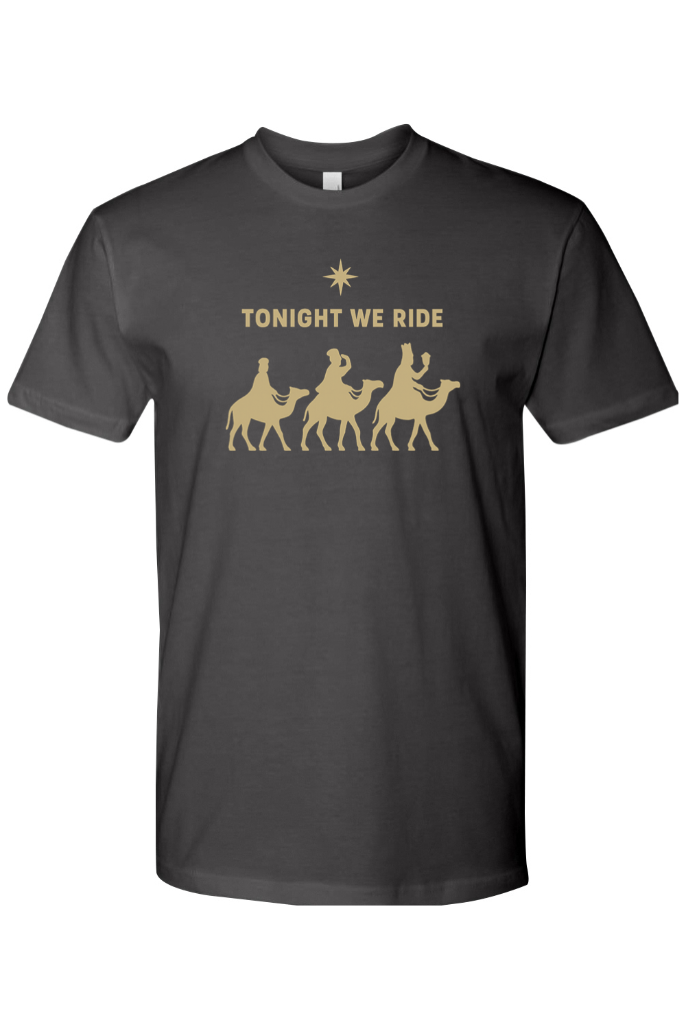 Dark gray religious Christmas t-shirt with "Tonight We Ride" text and three wise men riding camels and a star design Jesus God Christian holiday short sleeve shirt