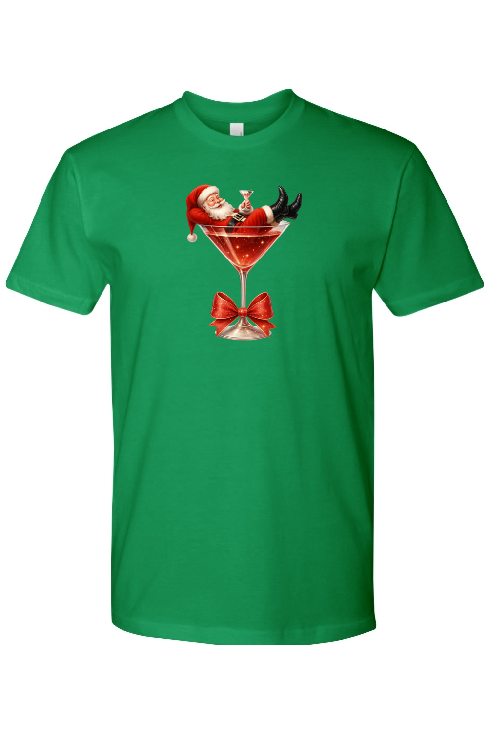 Green Christmas t-shirt with Santa sitting in a martini glass design funny cute holiday short sleeve shirt
