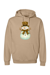 Dark beige Christmas hoodie with a snowman in a leopard print bow and leopard print top hat design cute girly festive holiday long sleeve hooded sweatshirt