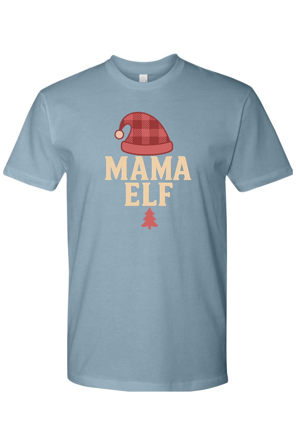 Light blue Christmas t-shirt with "Mama Elf" text and a plaid elf hat design and pine tree women's cute trendy holiday short sleeve shirt