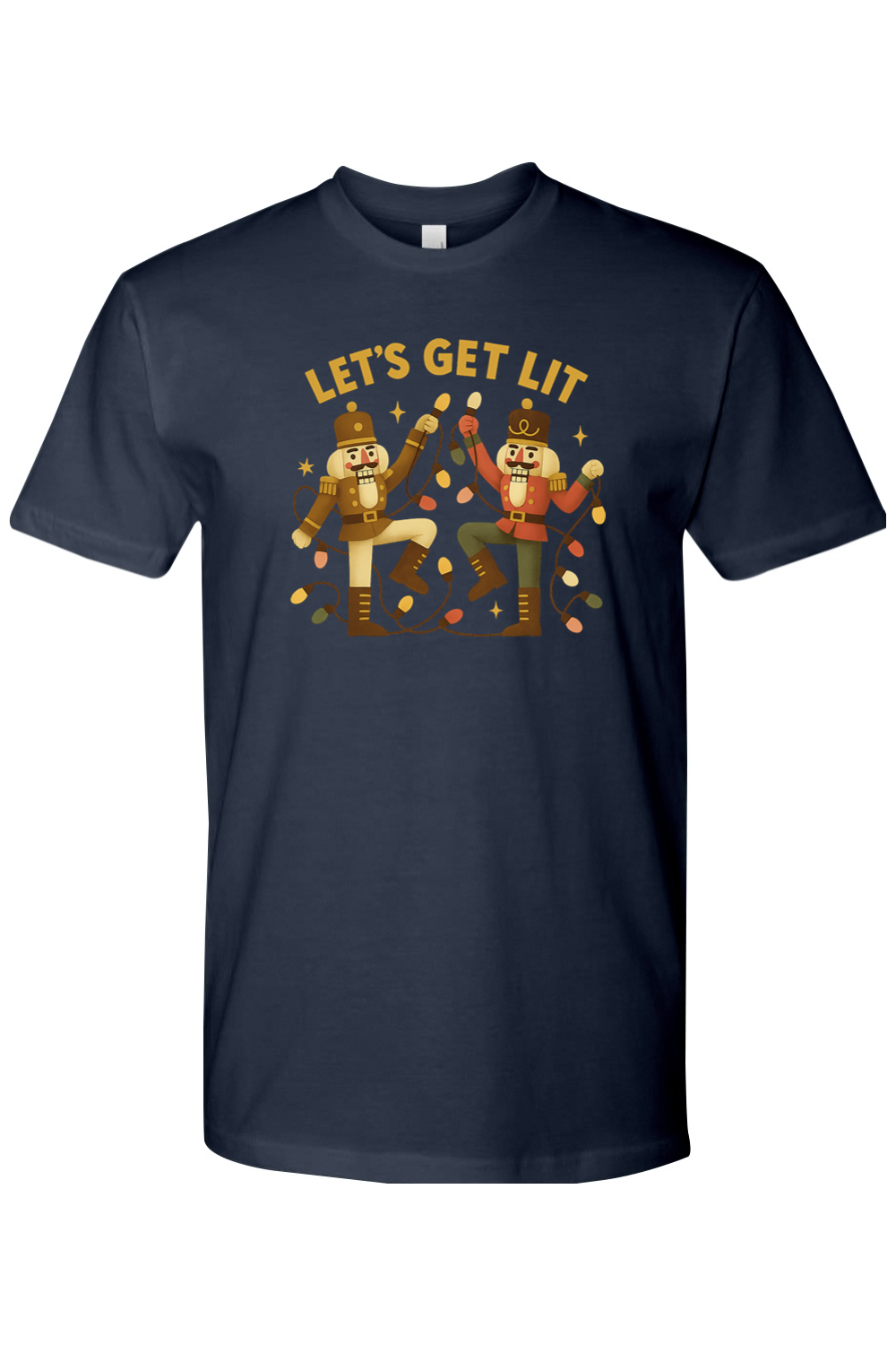 Navy blue Christmas shirt with "Let's Get Lit" text with two nutcrackers holding up Christmas lights funny holiday humor short sleeve shirt