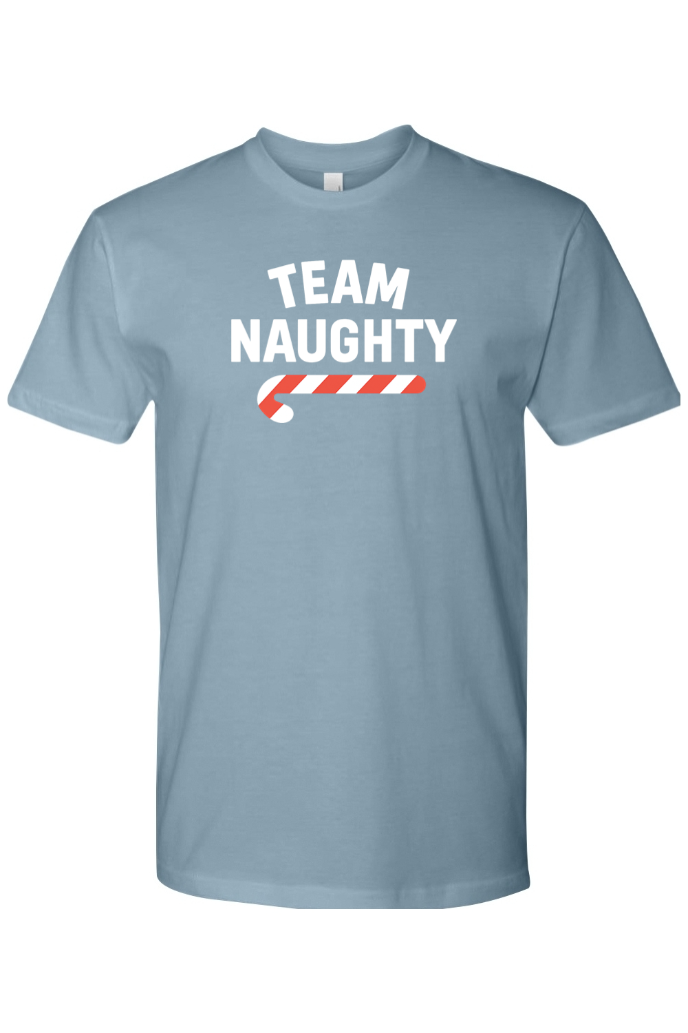 Blue Christmas t-shirt with "Team Naughty" text in white with a candy cane design funny sarcastic humor holiday short sleeve shirt