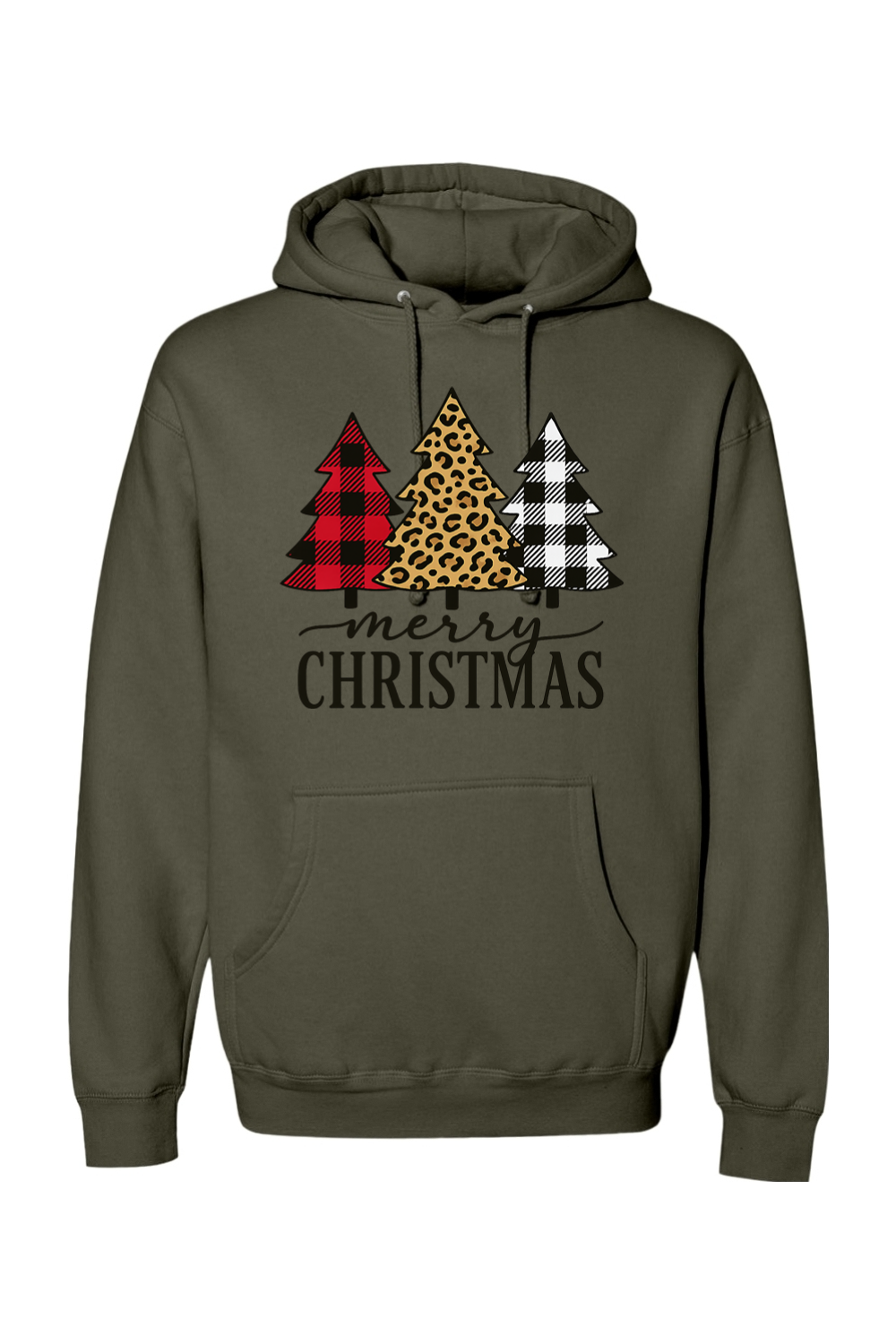 Olive green Christmas hoodie with "Merry Christmas" text and a buffalo plaid, leopard print, and black and white plaid Christmas trees cute trendy festive holiday long sleeve hooded sweatshirt