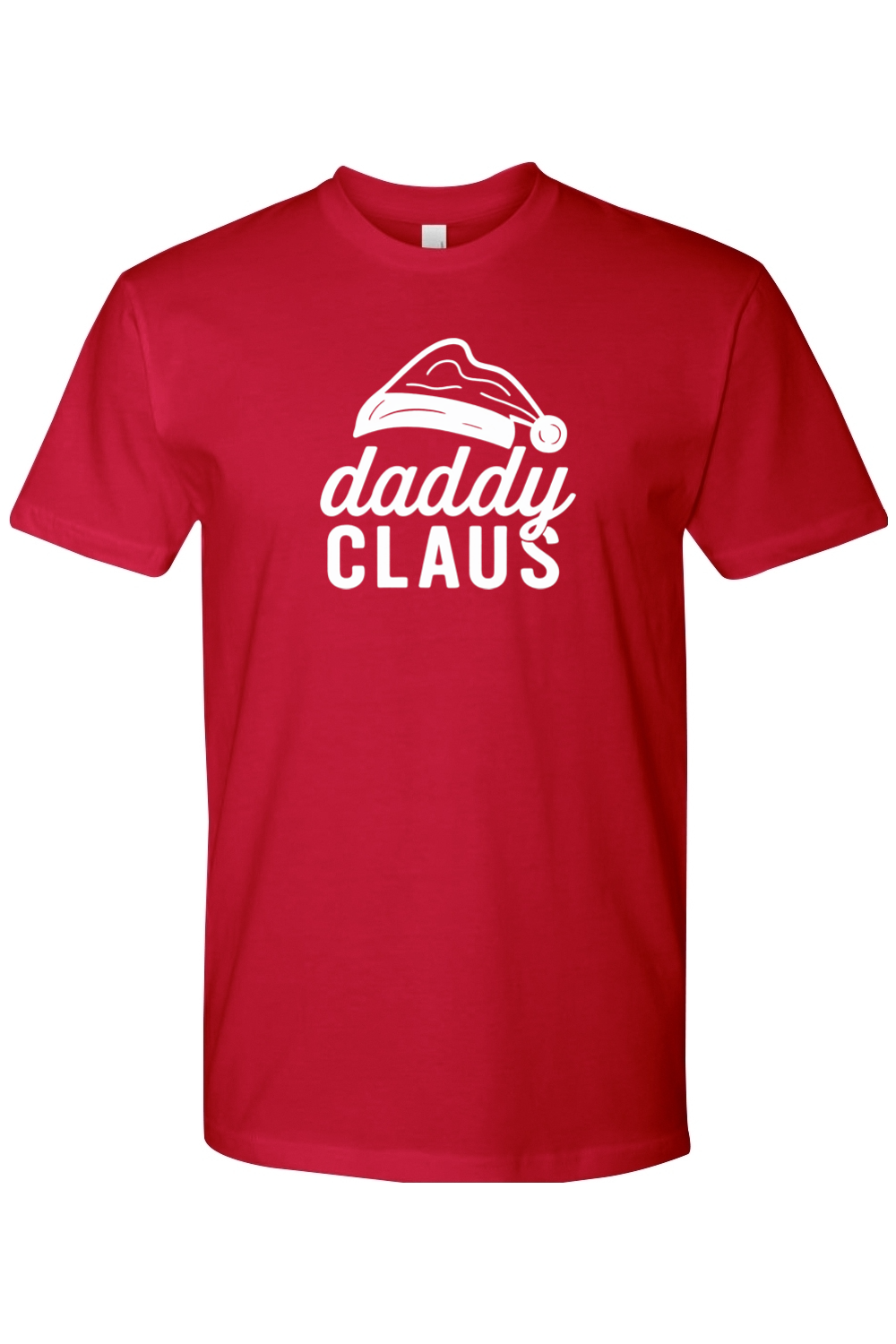 Red Christmas t-shirt with 'Daddy Claus' text and Santa hat graphic funny festive holiday short sleeve shirt