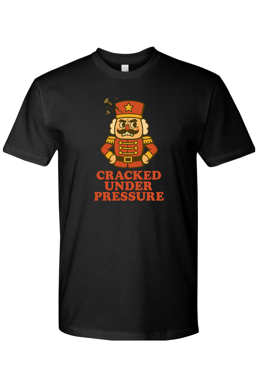 Black vintage Christmas t-shirt with "Cracked Under Pressure" text and a cracking nutcracker design funny sarcastic retro holiday short sleeve shirt
