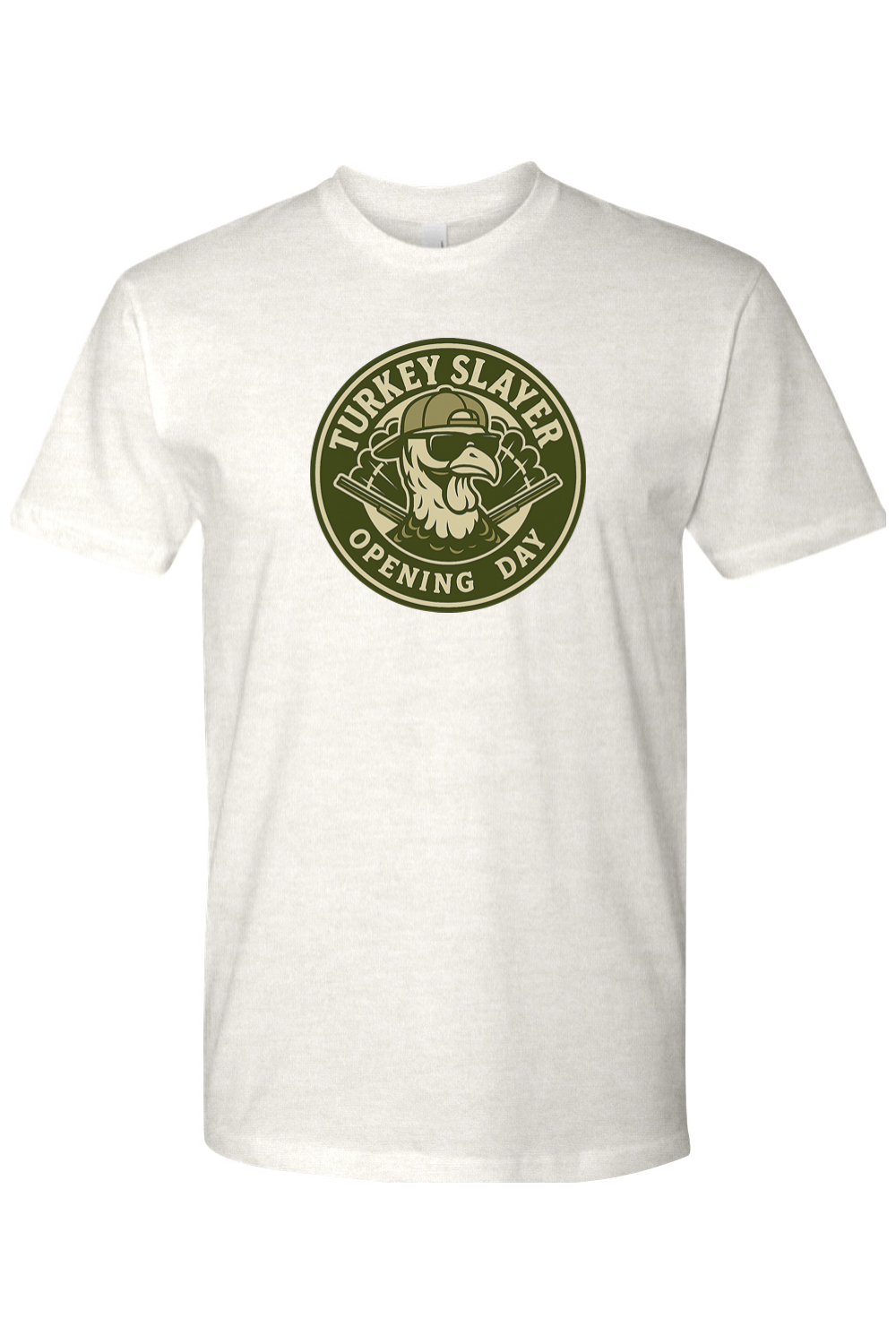 Light cream Thanksgiving t-shirt with "Turkey Slayer Opening Day" text with a turkey badge design funny hunting fall short sleeve shirt