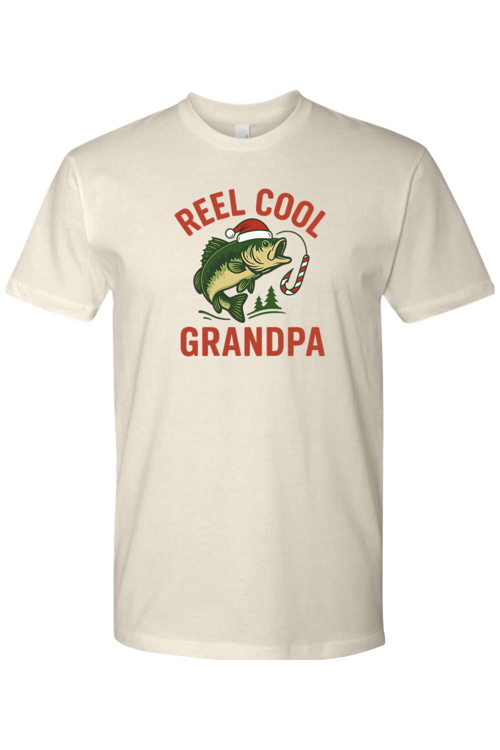 Beige Christmas t-shirt with "Reel Cool Grandpa" text in red with a fish in a Santa hat design and candy cane hook design festive fishing grandparent grandfather holiday short sleeve shirt