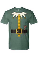 Pine green Christmas t-shirt with an elf costume design funny festive holiday short sleeve shirt