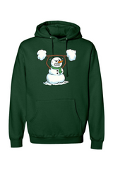 Dark green Christmas hoodie with a snowman lifting a snow barbell design funny gym humor winter holiday long sleeve hooded sweatshirt