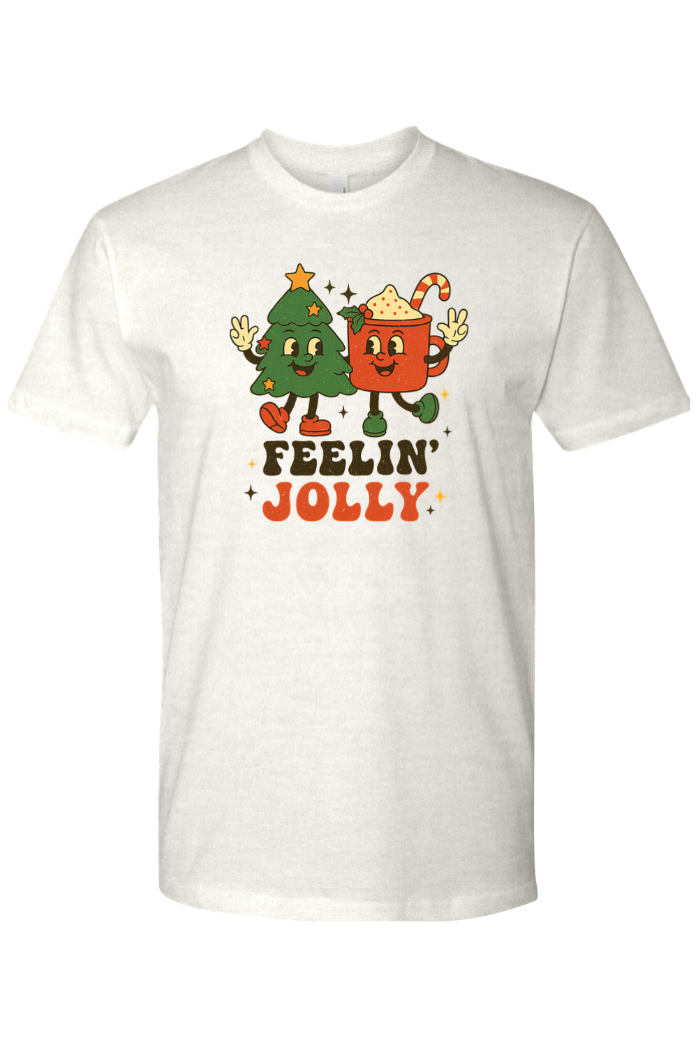 Light cream Feeling Jolly text with retro Christmas Tree and Hot Cocoa design t-shirt cute trendy holiday short sleeve shirt