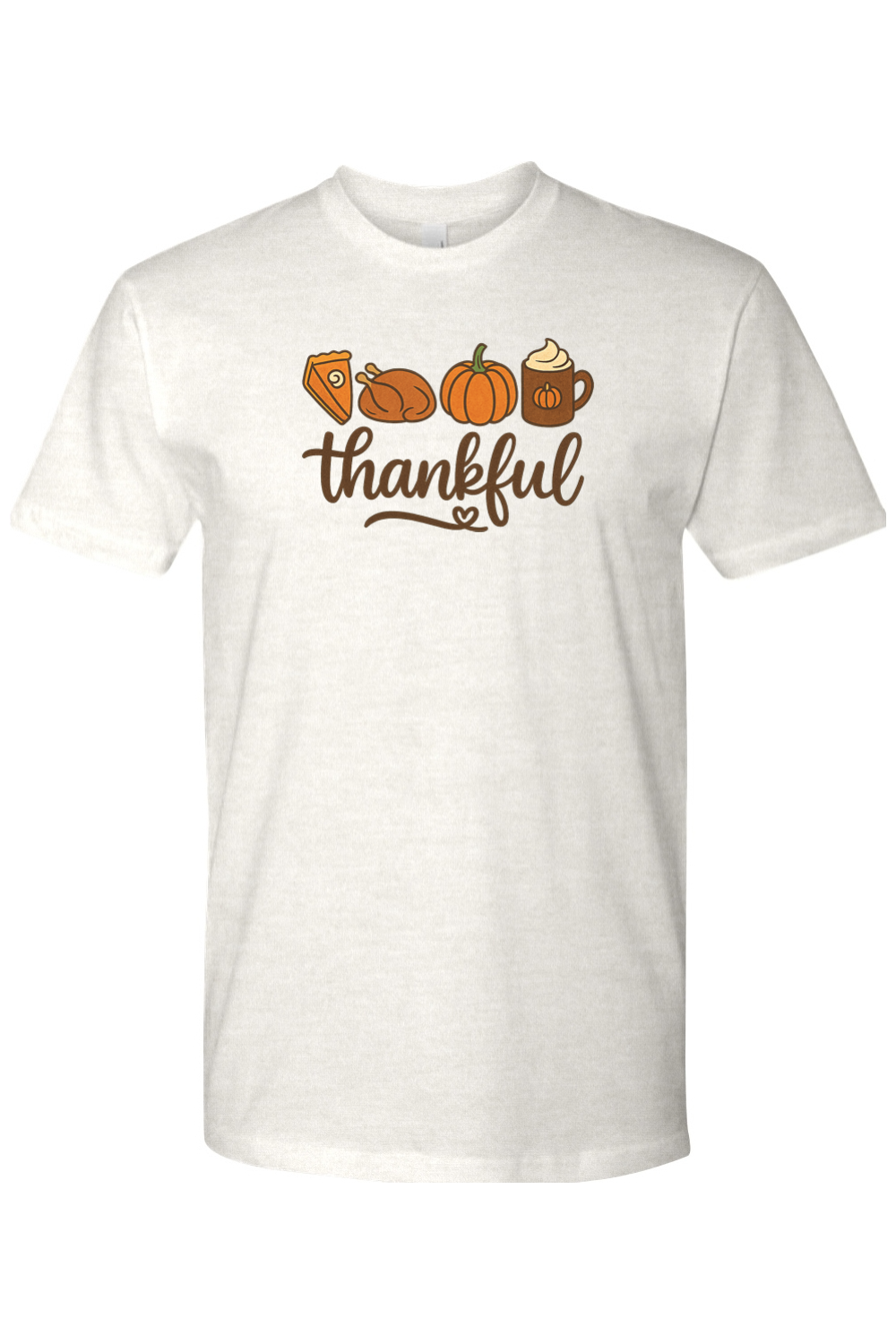 Light cream Thanksgiving T-shirt with "Thankful" text with pumpkin pie, turkey, pumpkin, and pumpkin spice coffee design cute trendy girly fall short sleeve shirt