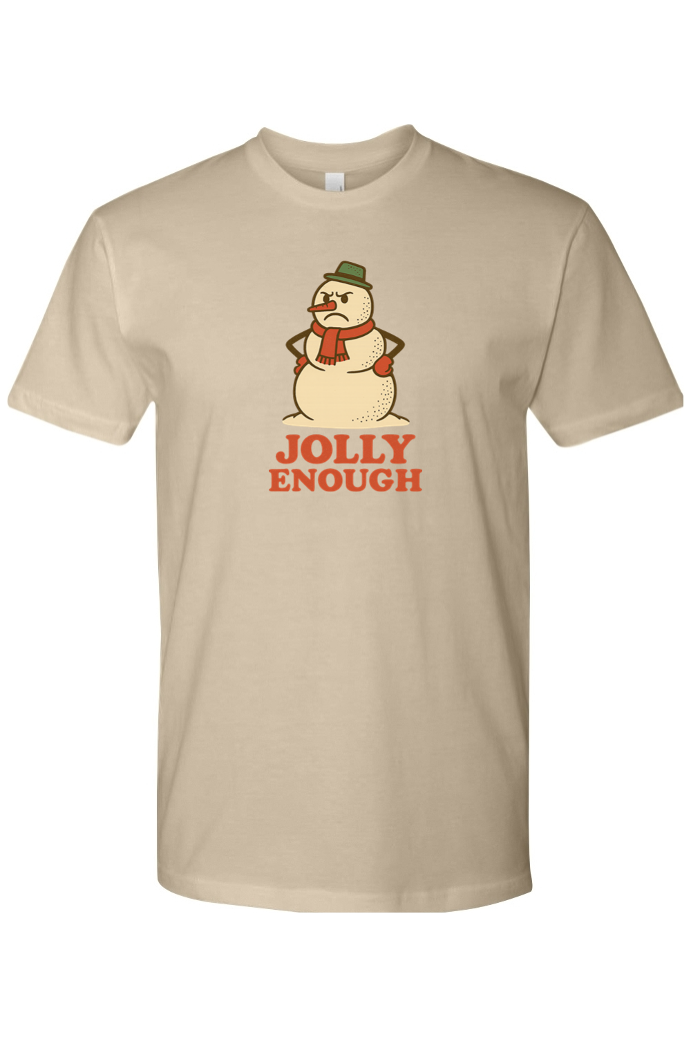 Dark beige vintage Christmas t-shirt with "Jolly Enough" text with a grumpy snowman design funny sarcastic holiday humor short sleeve shirt