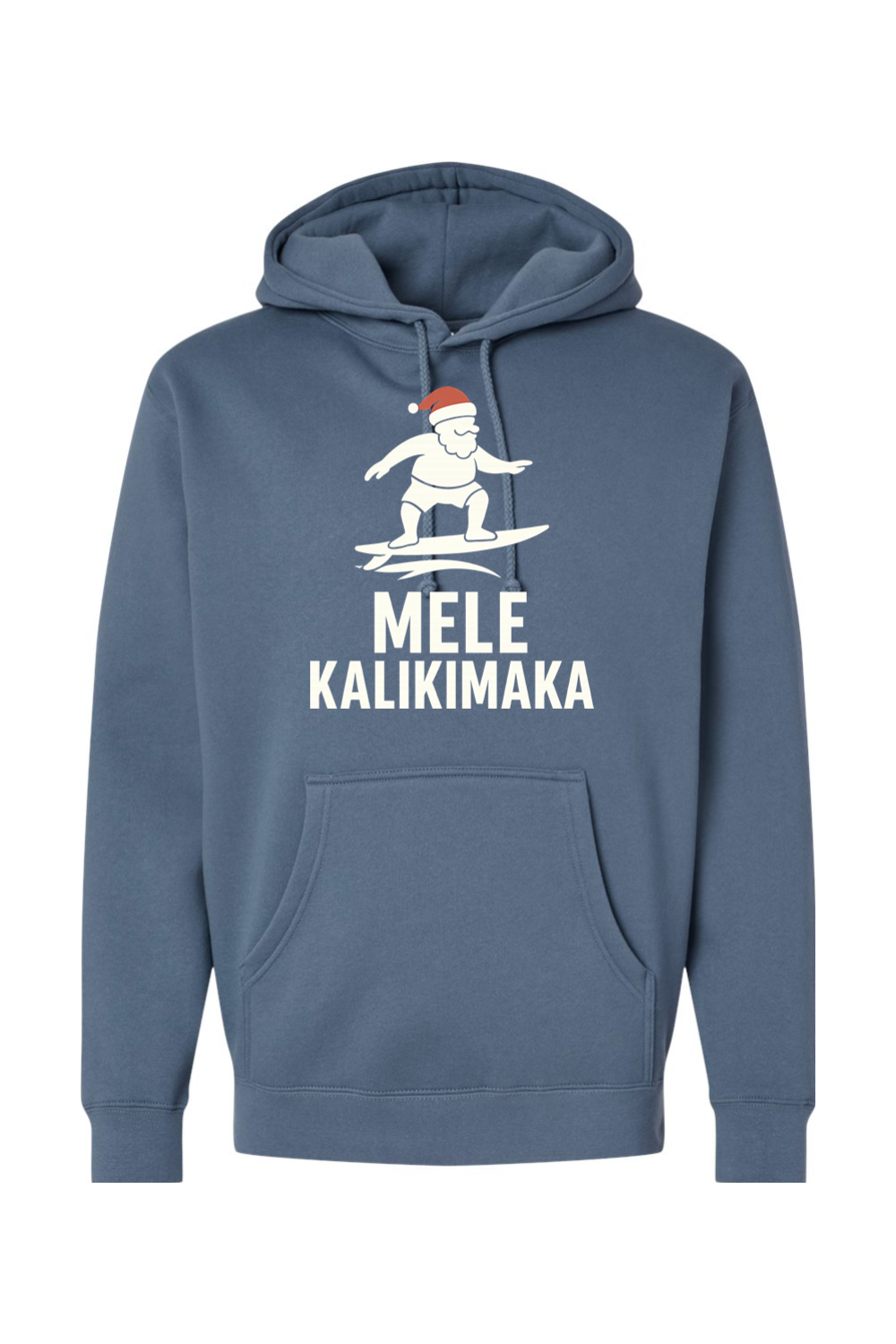 Blue Christmas hoodie with Santa surfing and "Mele Kalikimaka" text funny Hawaiian Christmas surf holiday long sleeve hooded sweatshirt