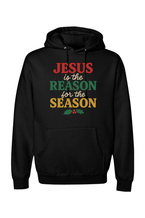 Black Christmas hoodie with 'Jesus is the Reason for the Season' text in red, green, and yellow color and a holly design underneath Jesus Christian holiday long sleeve hooded sweatshirt
