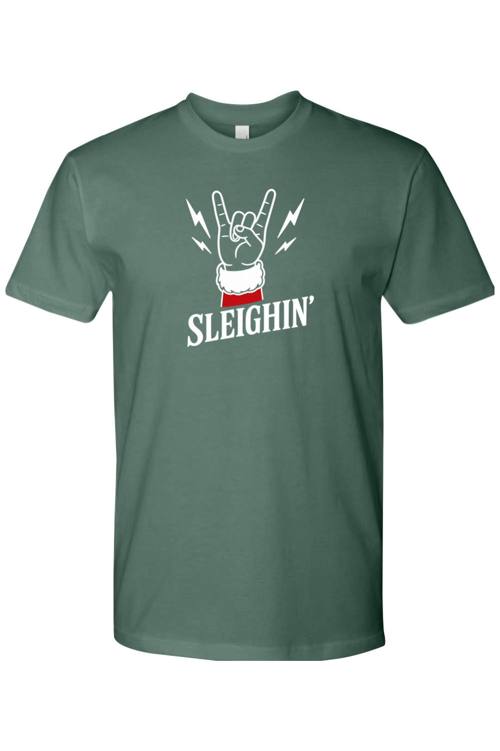 Pine Green t-shirt with rock hand Santa Sleighin' funny Christmas holiday short sleeve T-Shirt