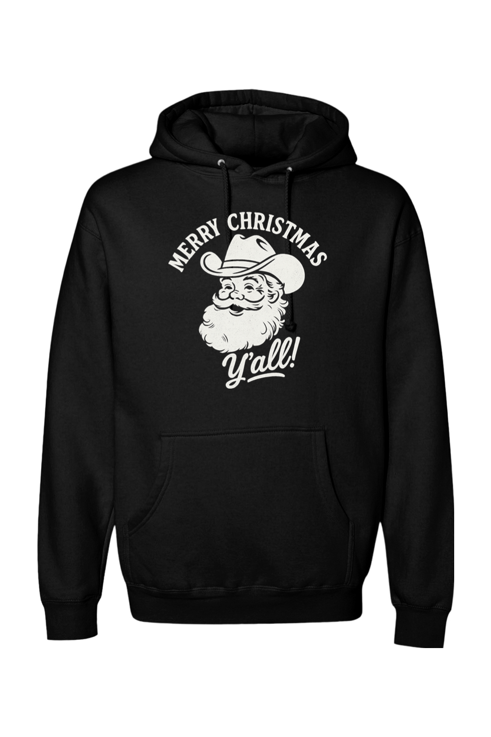 Black Christmas hoodie with "Merry Christmas Y'all!" text in white with Santa wearing a cowboy hat design funny western holiday long sleeve hooded sweatshirt