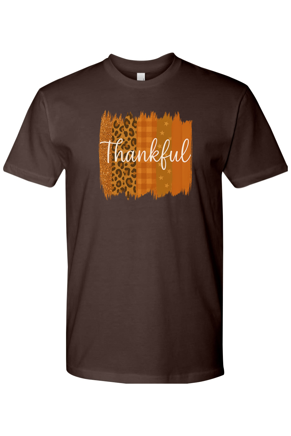 Brown Thanksgiving t-shirt with "Thankful" text and patchwork leopard print, plaid, stars design trendy cute girly fall holiday short sleeve shirt