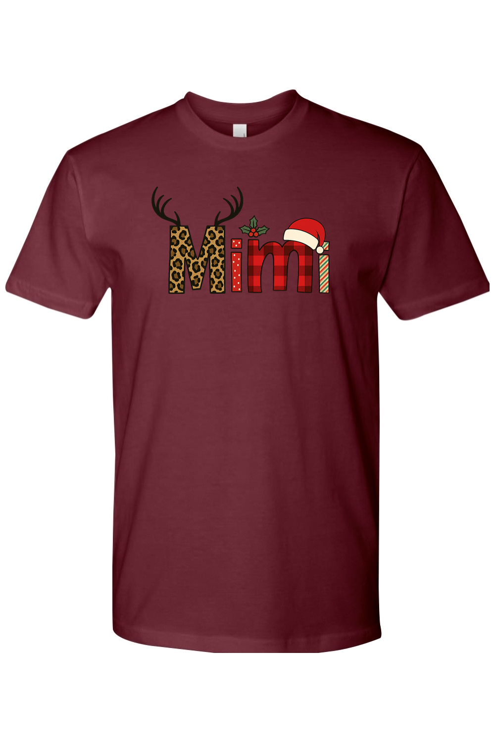 Maroon Christmas t-shirt with "Mimi" text antler design and the letters filled with leopard print, plaid, polka dots, and stripes cute grandma festive holiday short sleeve shirt