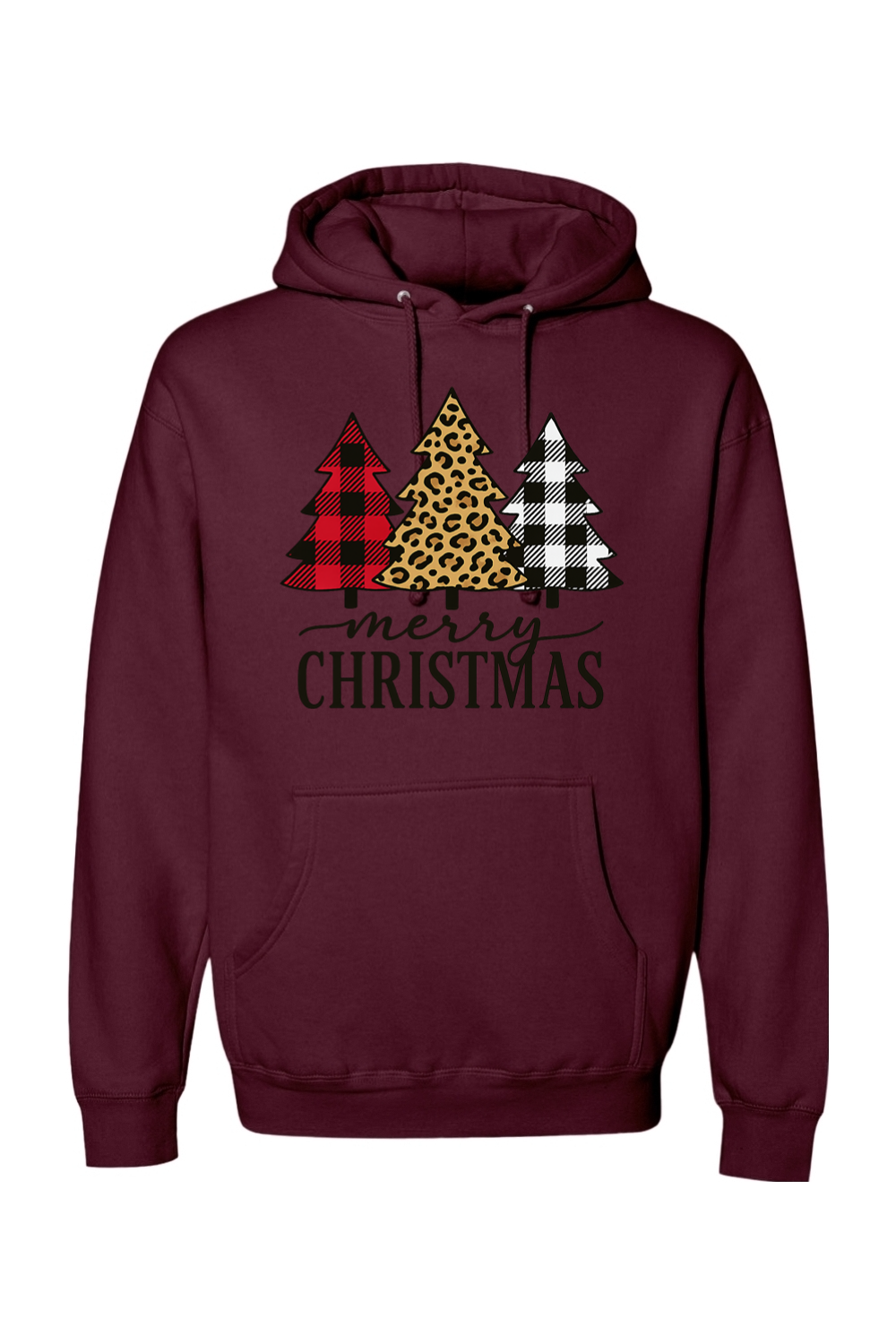 Maroon Christmas hoodie with "Merry Christmas" text and a buffalo plaid, leopard print, and black and white plaid Christmas trees cute trendy festive holiday long sleeve hooded sweatshirt