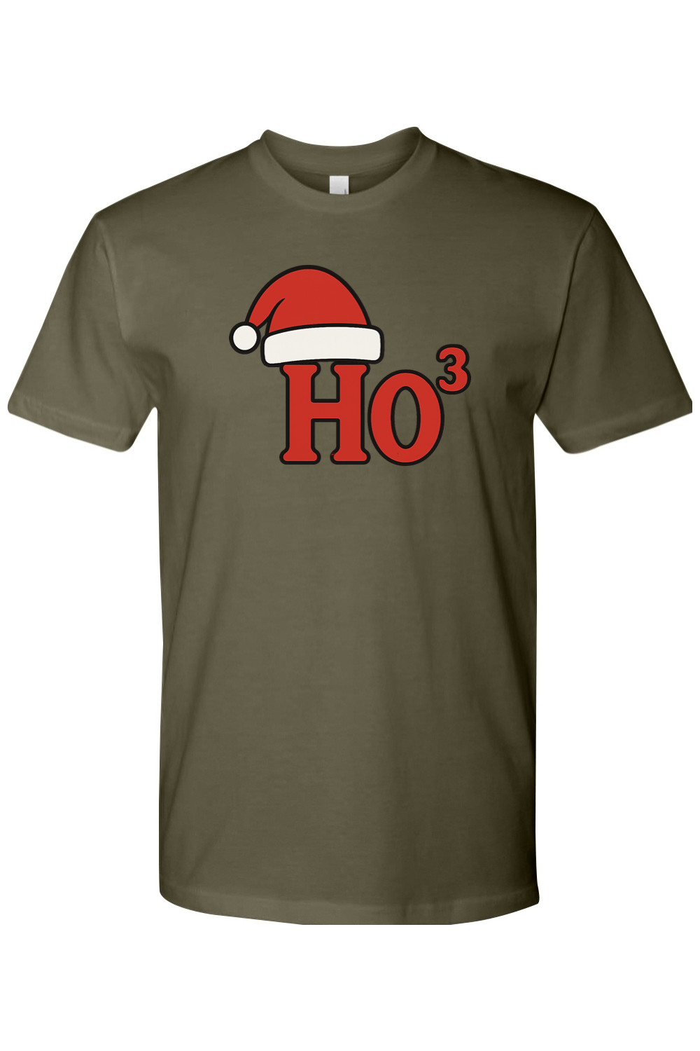 Olive green Christmas t-shirt with "Ho³" text in red with a Santa hat design funny holiday humor short sleeve shirt