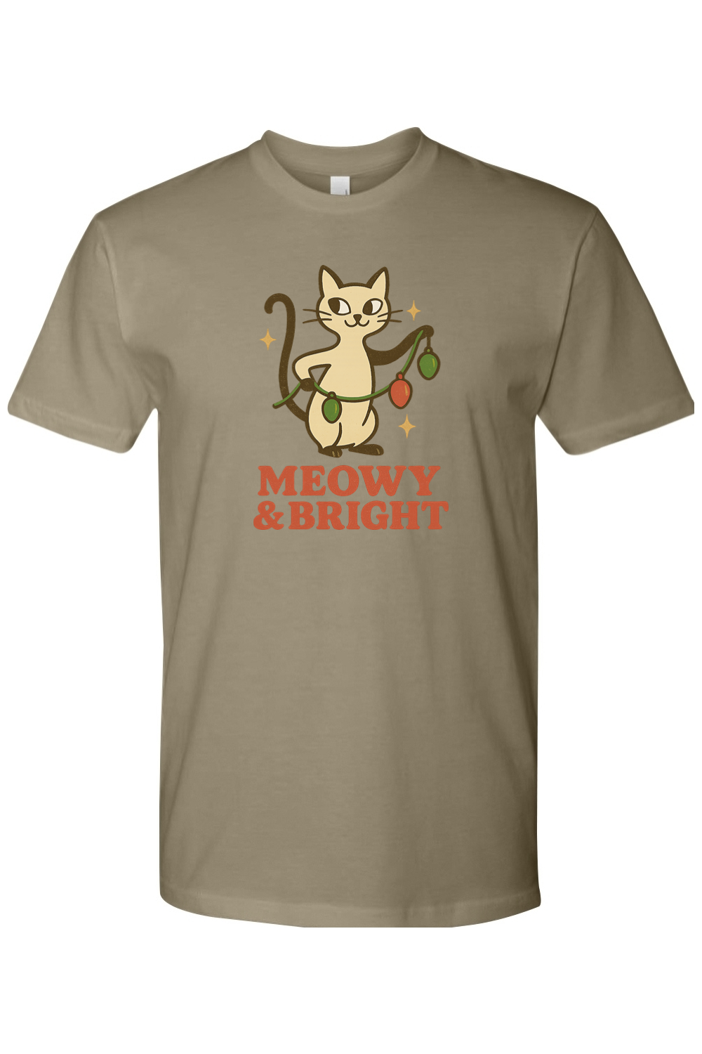 Olive green vintage Christmas t-shirt with "Meowy & Bright" text with a cat holding a string of lights design cute funny holiday pet animal humor short sleeve shirt