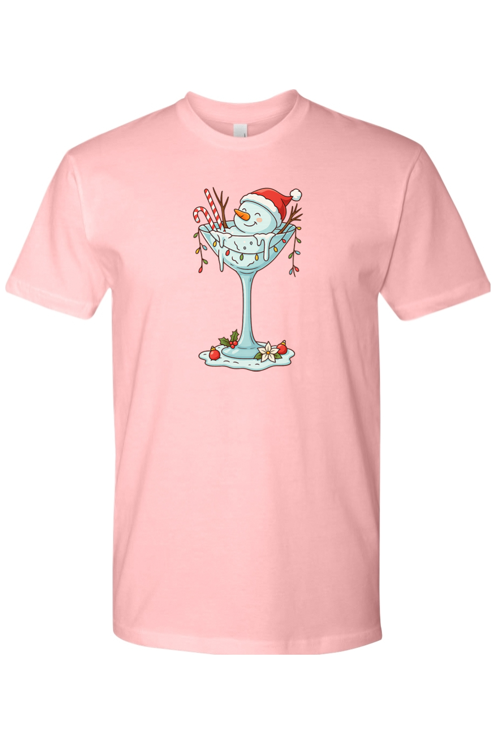 Light pink Christmas t-shirt with a melted snowman sitting in a martini glass with candy canes, lights, and ornaments design cute festive holiday short sleeve shirt