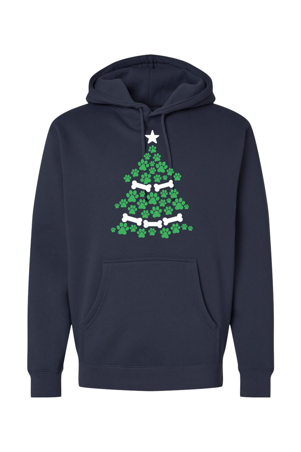 Navy blue Christmas hoodie with a Christmas tree design made out of paw prints and bones cute dog pet animal lover long sleeve hooded sweatshirt