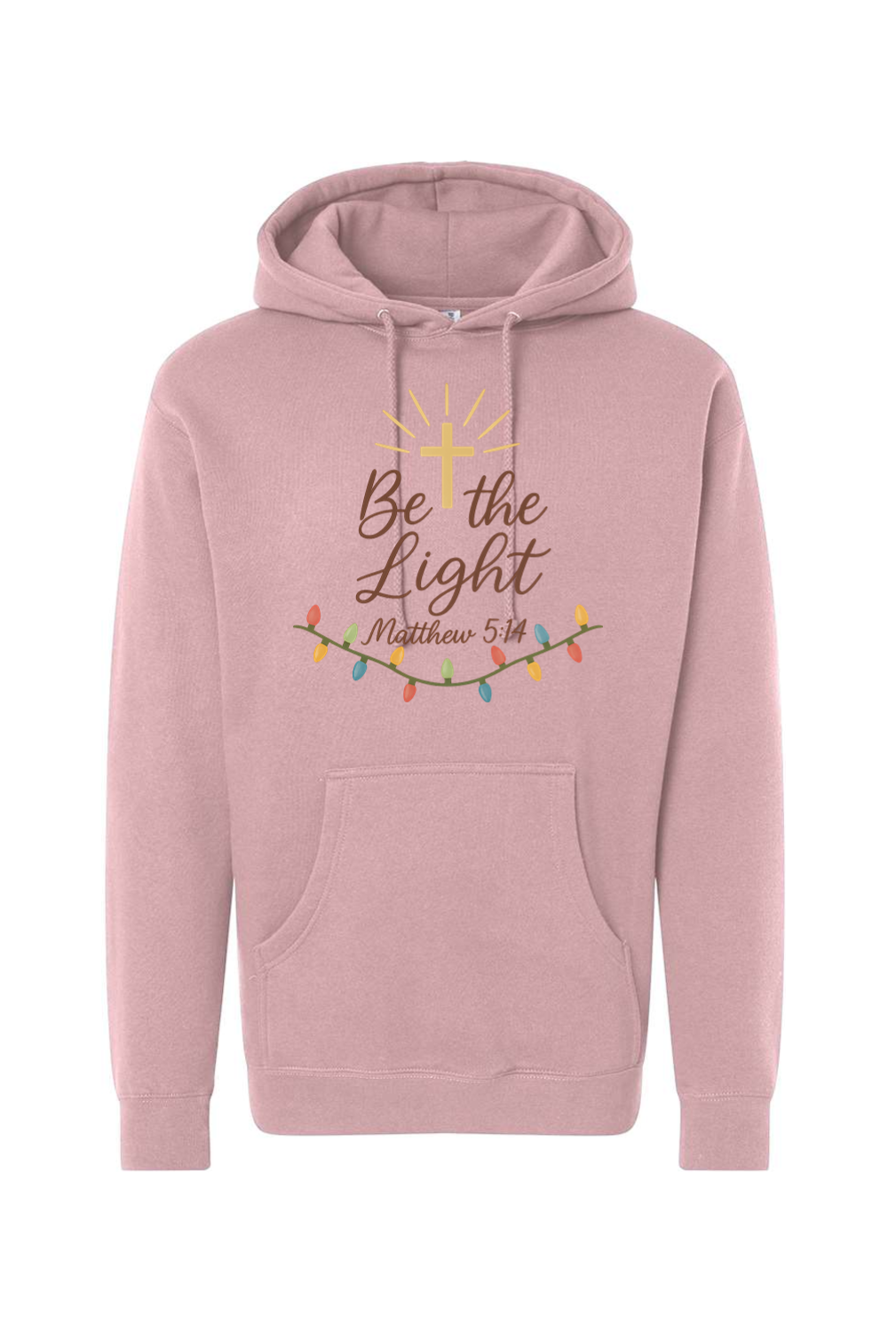 Pink Christmas hoodie with "Be the Light Matthew 5:14" text and a cross Christmas lights design cute trendy religious God Jesus Christian holiday long sleeve hooded sweatshirt