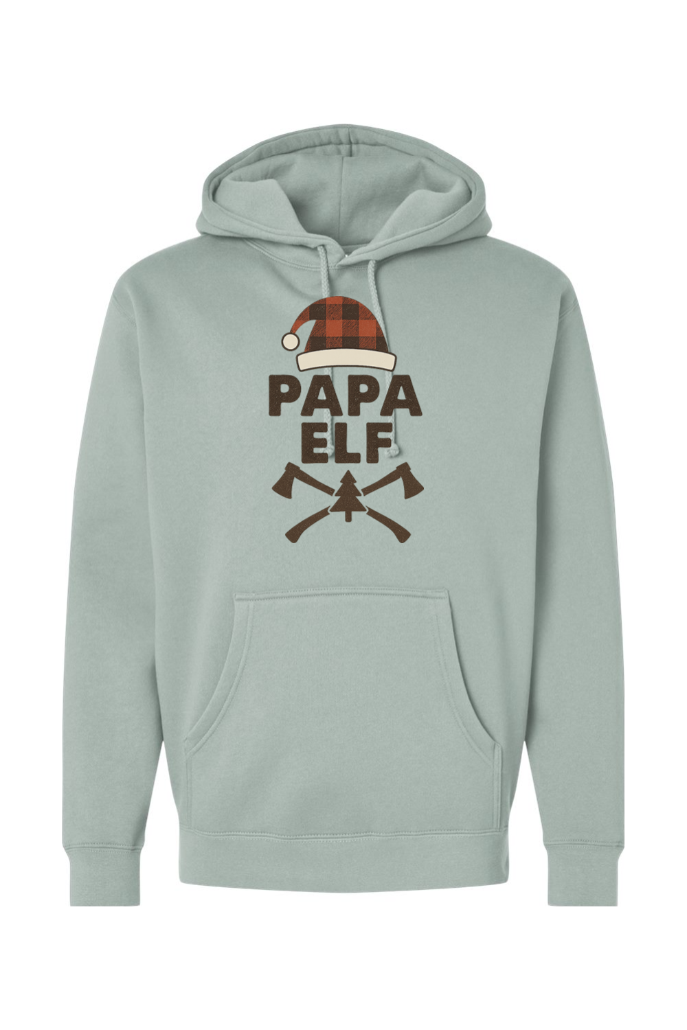 Light green Christmas hoodie with "Papa Elf" text with a plaid elf hat and pine tree and axe design festive men's holiday long sleeve hooded sweatshirt