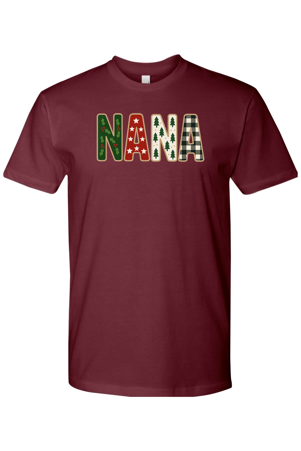 Maroon Christmas t-shirt with "NANA" text with holly, star, tree, and plaid patterns inside the letters cute trendy grandma grandmother holiday short sleeve shirt