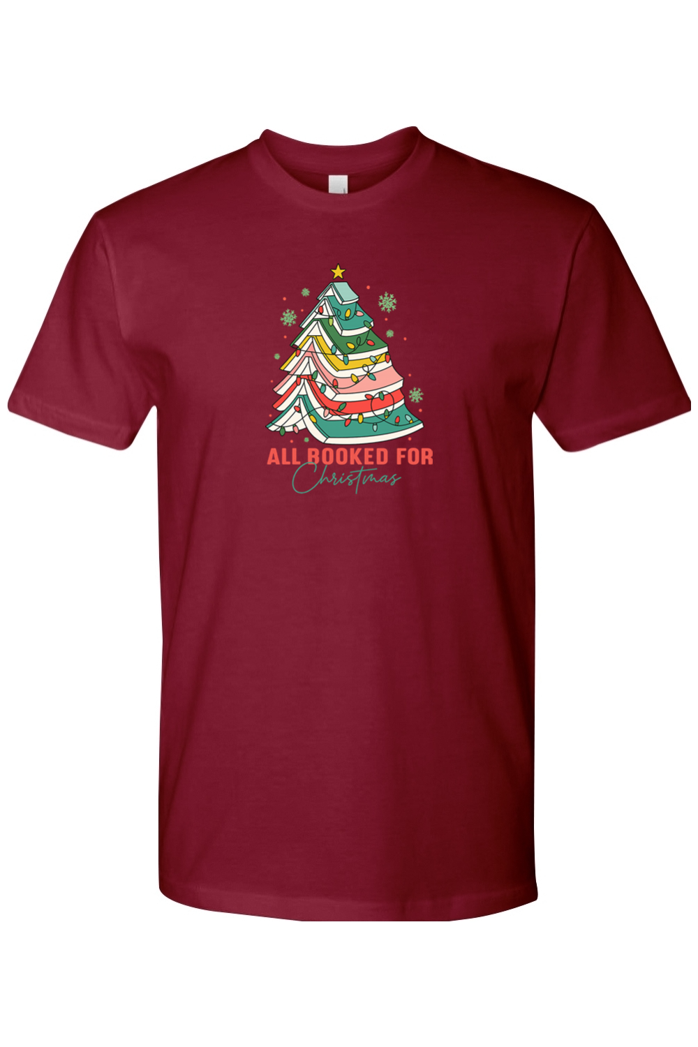 Burgundy Christmas t-shirt with "All Booked For Christmas" text and a Christmas tree made out of books design cute trendy book lover librarian festive holiday short sleeve shirt