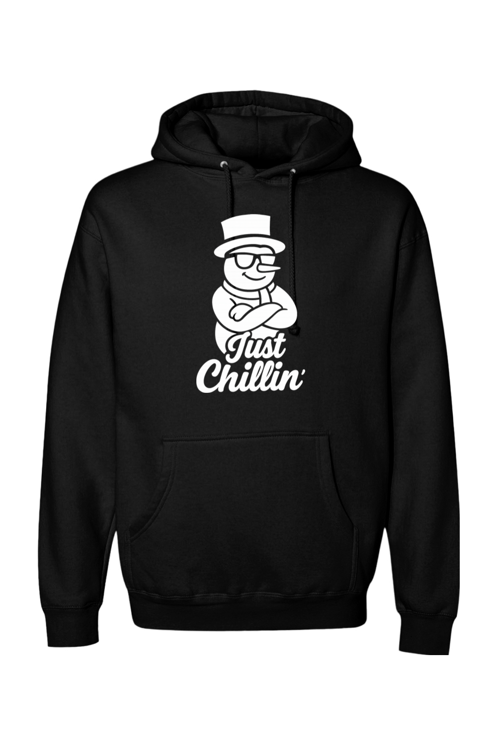 Black Christmas hoodie with "Just Chillin'" text in white with a snowman wearing sunglasses and arms crossed design funny holiday humor long sleeve hooded sweatshirt
