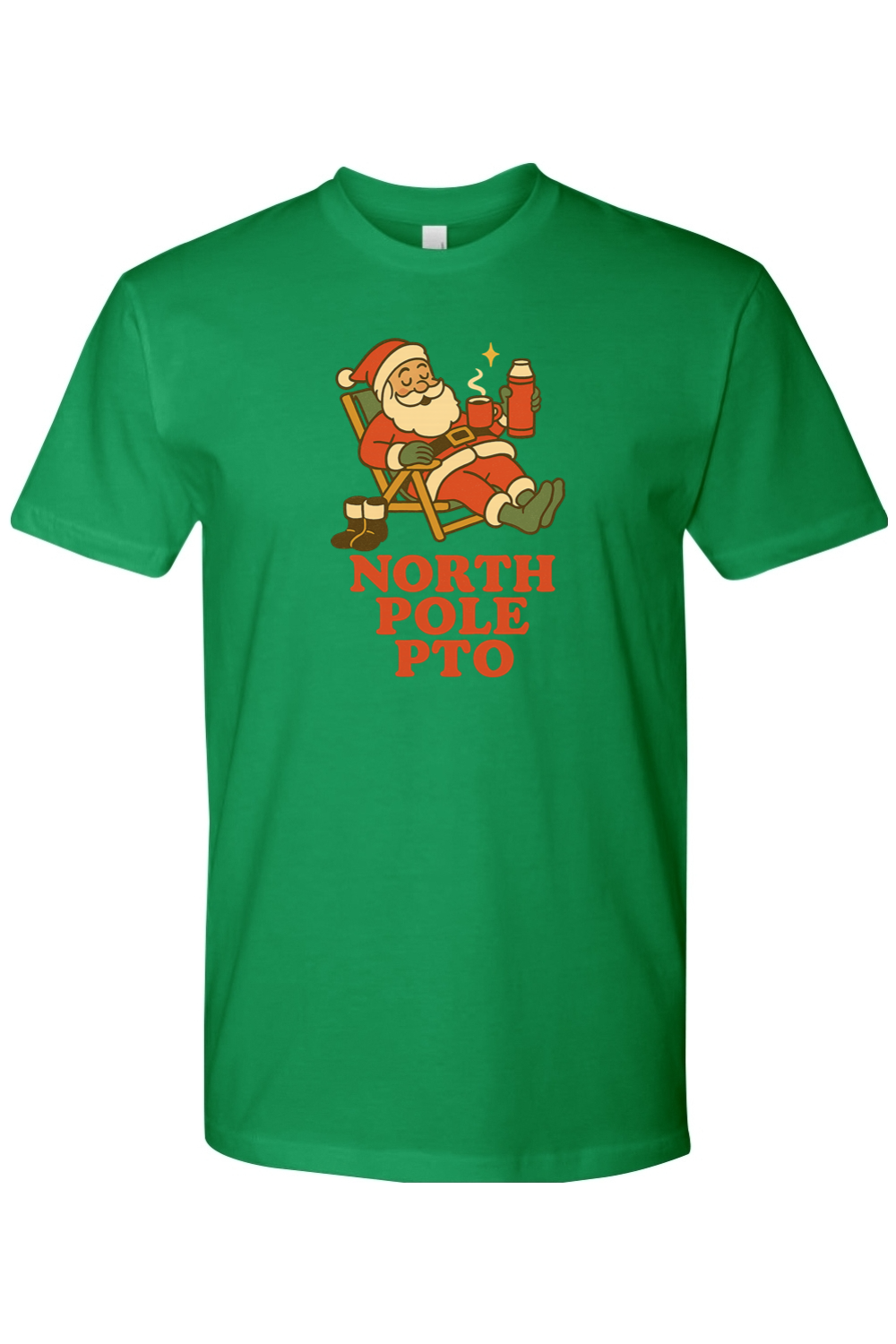 Green vintage Christmas t-shirt with "North Pole PTO" text and Santa relaxing on a reclining chair with hot cocoa design funny holiday humor short sleeve shirt