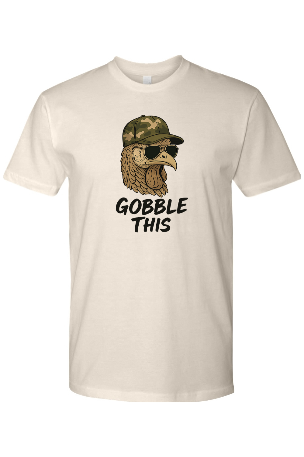 Cream beige Thanksgiving t-shirt with "Gobble This" text with a turkey in sunglasses and camouflage hat funny hunting military fall holiday short sleeve shirt