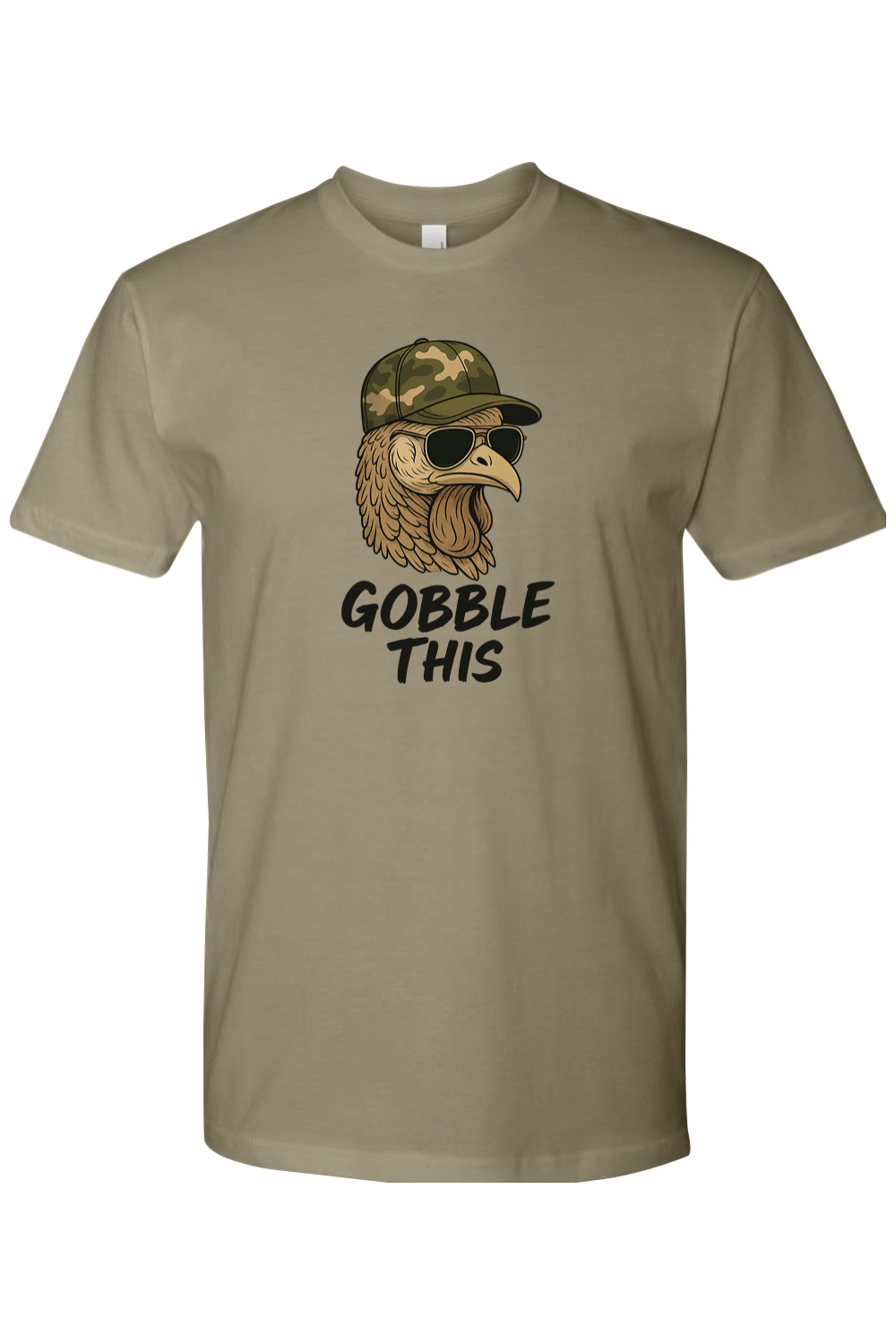 Light olive green Thanksgiving t-shirt with "Gobble This" text with a turkey in sunglasses and camouflage hat funny hunting military fall holiday short sleeve shirt