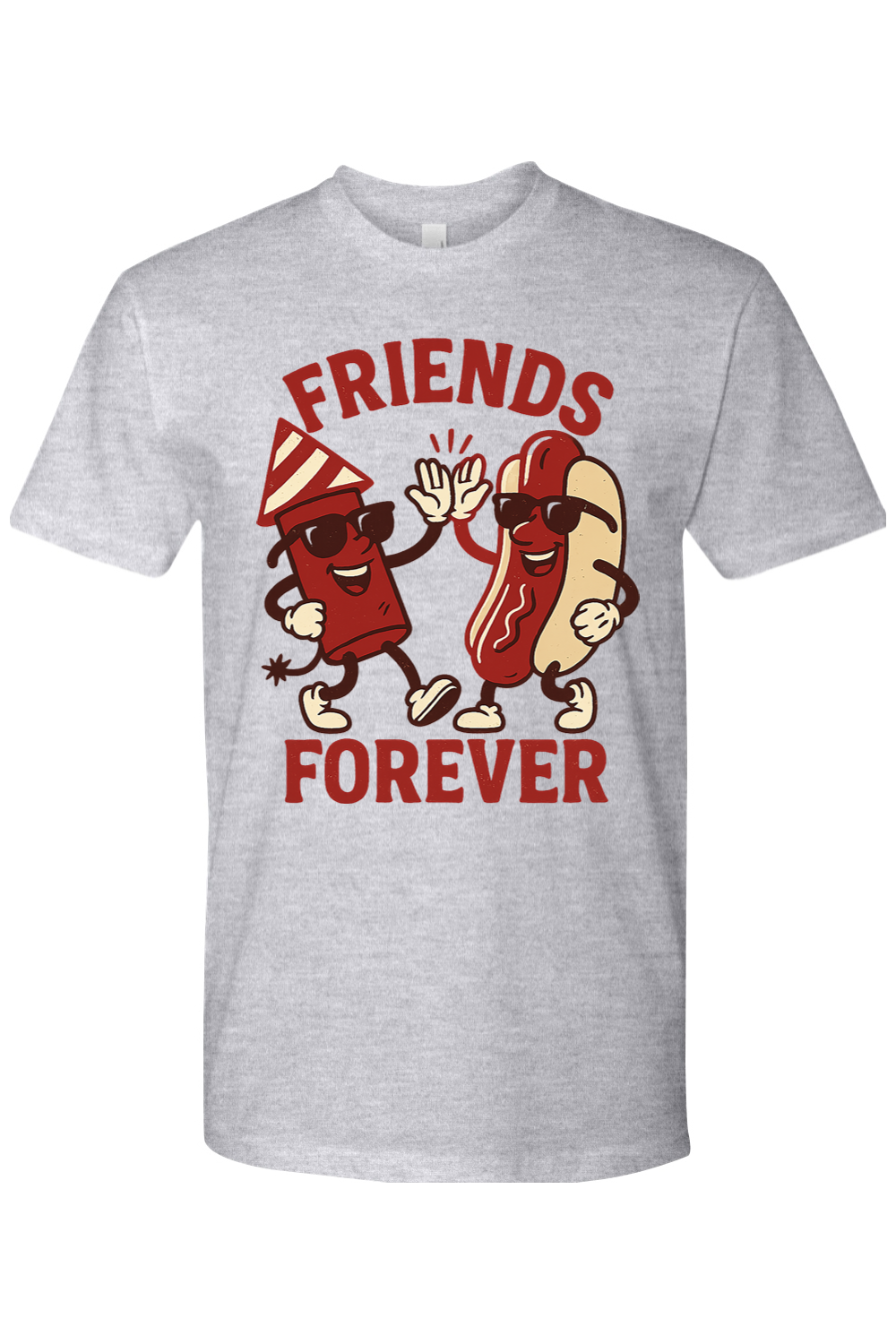 Gray t-shirt with 'Friends Forever' graphic design featuring hot dogs high fiving each other.