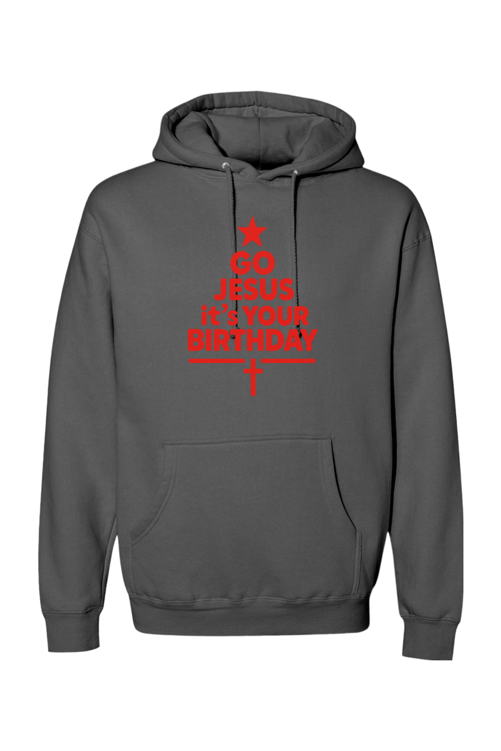 Dark gray Christmas hoodie with "Go Jesus It's Your Birthday" text in red with a star and cross all made into a Christmas tree design religious Christian God funny holiday long sleeve hooded sweatshirt